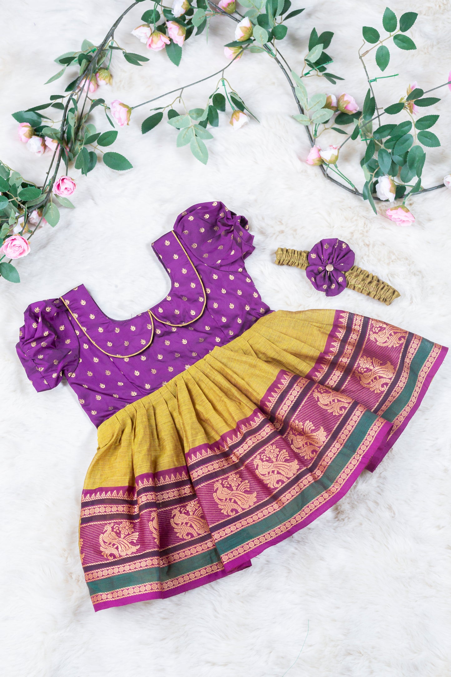 Wine with multicolor border (Vintage Collar) - Kanchi Cotton Silk South Indian Ethnic Frock for Baby Girl
