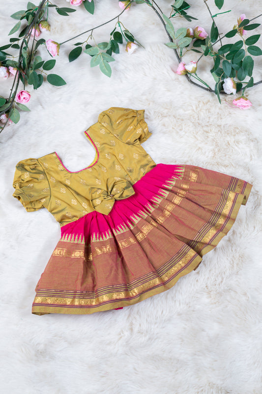 Olive Green with Pink (Vintage Bow) - Kanchi Cotton Silk South Indian Ethnic Frock for Baby Girl