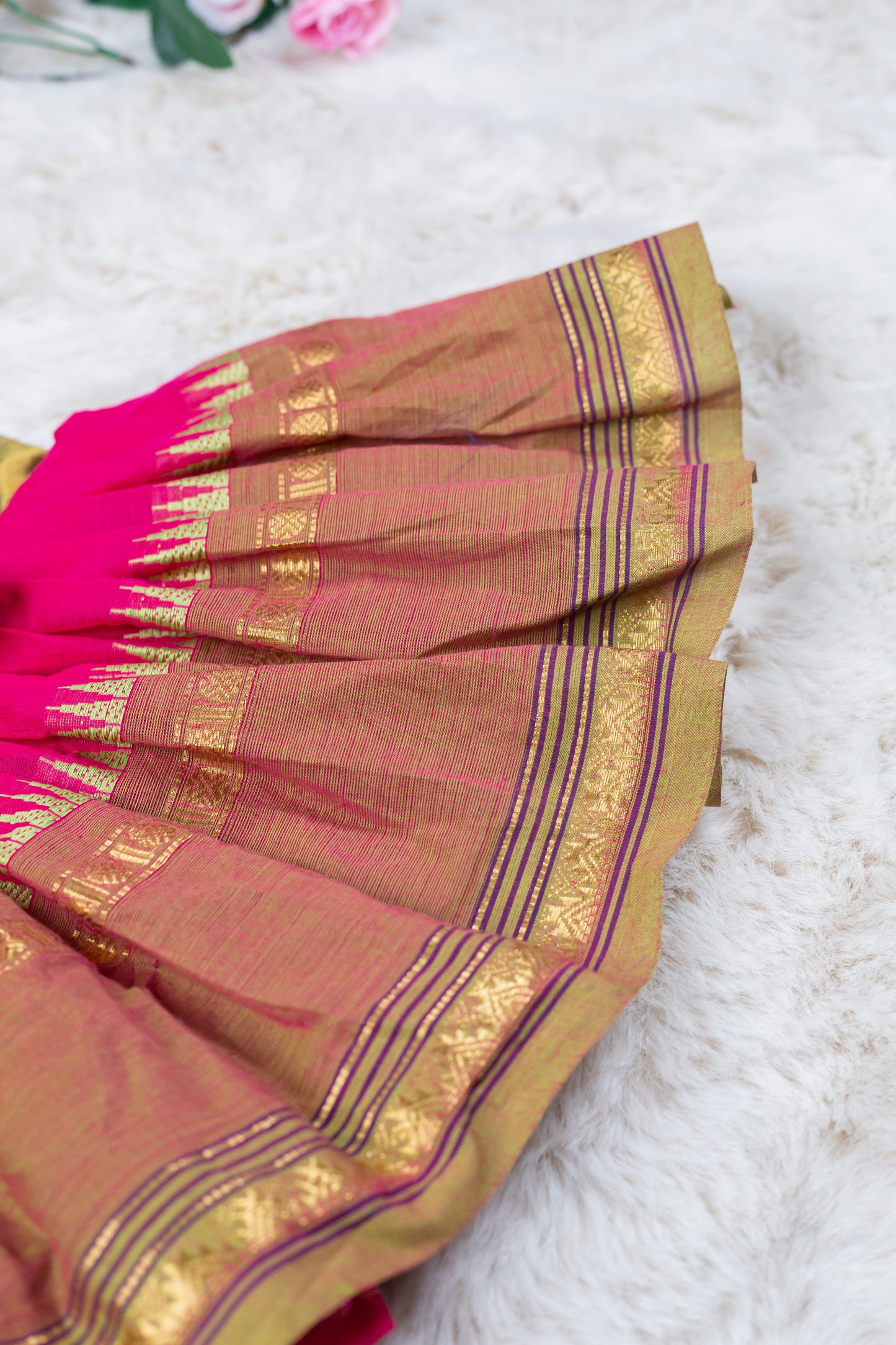 Olive Green with Pink (Vintage Bow) - Kanchi Cotton Silk South Indian Ethnic Frock for Baby Girl