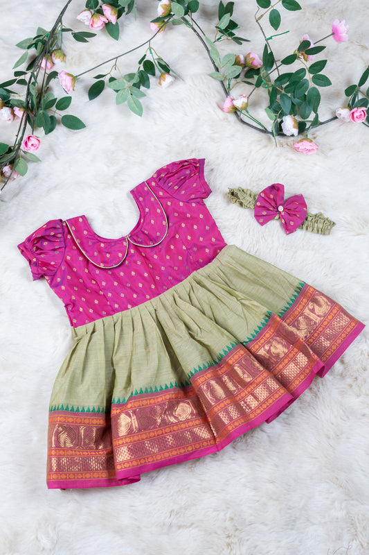 Magenta with pastel green (Vintage Collar) - Kanchi Cotton Silk South Indian Ethnic Frock for Baby Girl