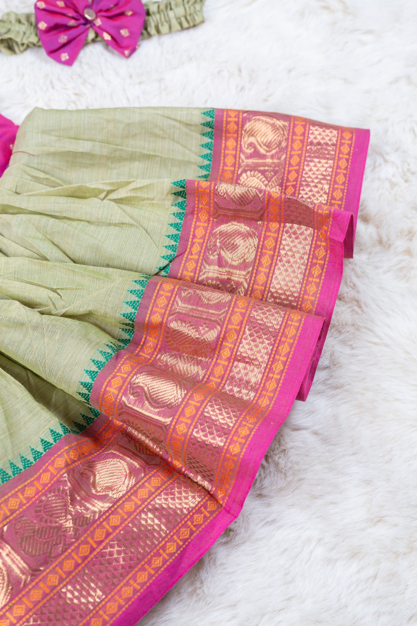 Magenta with pastel green (Vintage Collar) - Kanchi Cotton Silk South Indian Ethnic Frock for Baby Girl