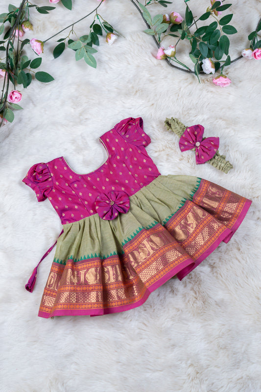 Magenta with pastel green (Vintage Bow) - Kanchi Cotton Silk South Indian Ethnic Frock for Baby Girl