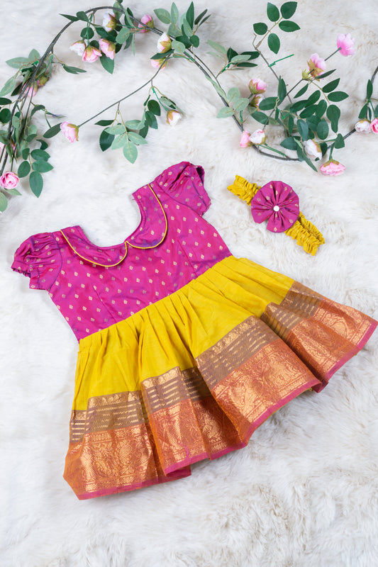 Magenta with sunshine yellow (Vintage Collar) - Kanchi Cotton Silk South Indian Ethnic Frock for Baby Girl