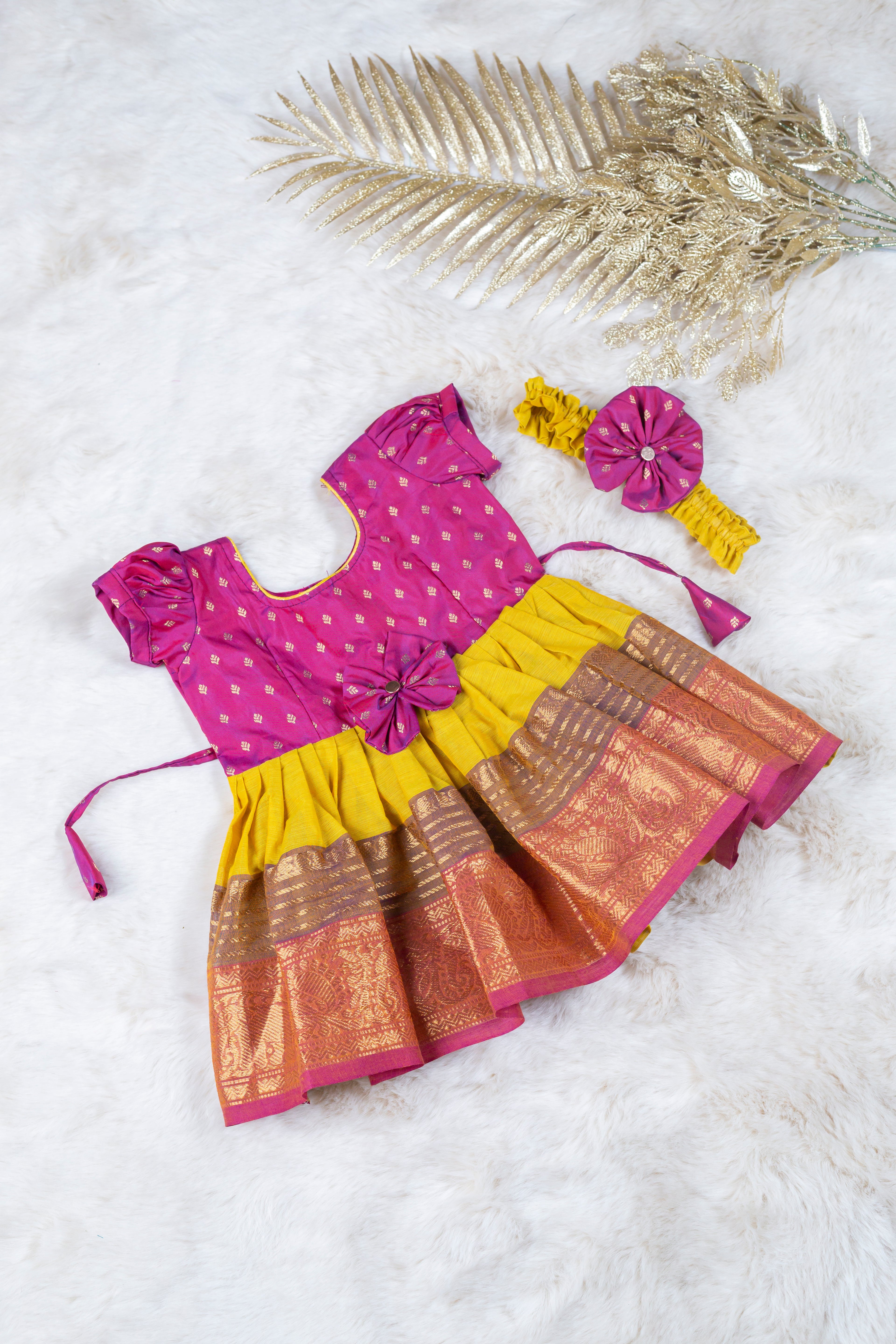Magenta with sunshine yellow (Vintage Bow) - Kanchi Cotton Silk South Indian Ethnic Frock for Baby Girl