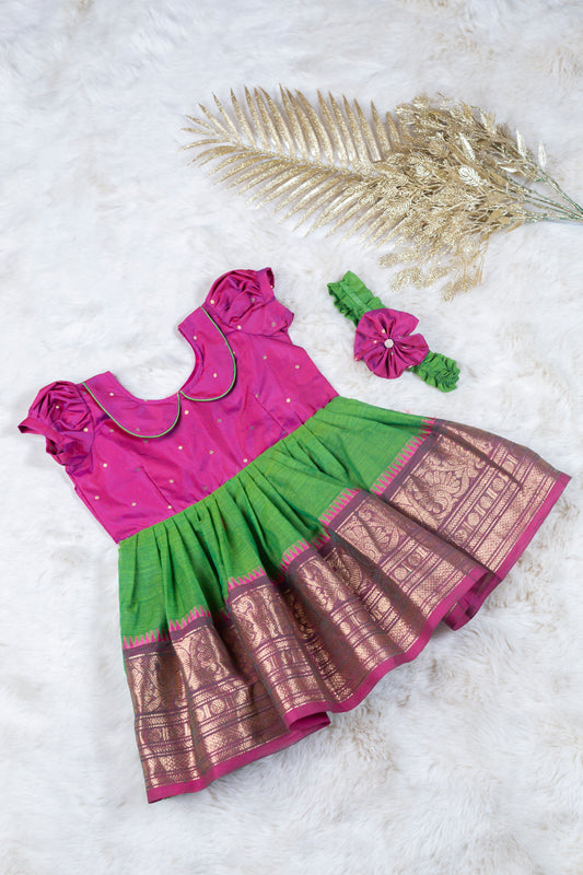 Magenta and traditional green (Vintage Collar) - Kanchi Cotton Silk South Indian Ethnic Frock for Baby Girl