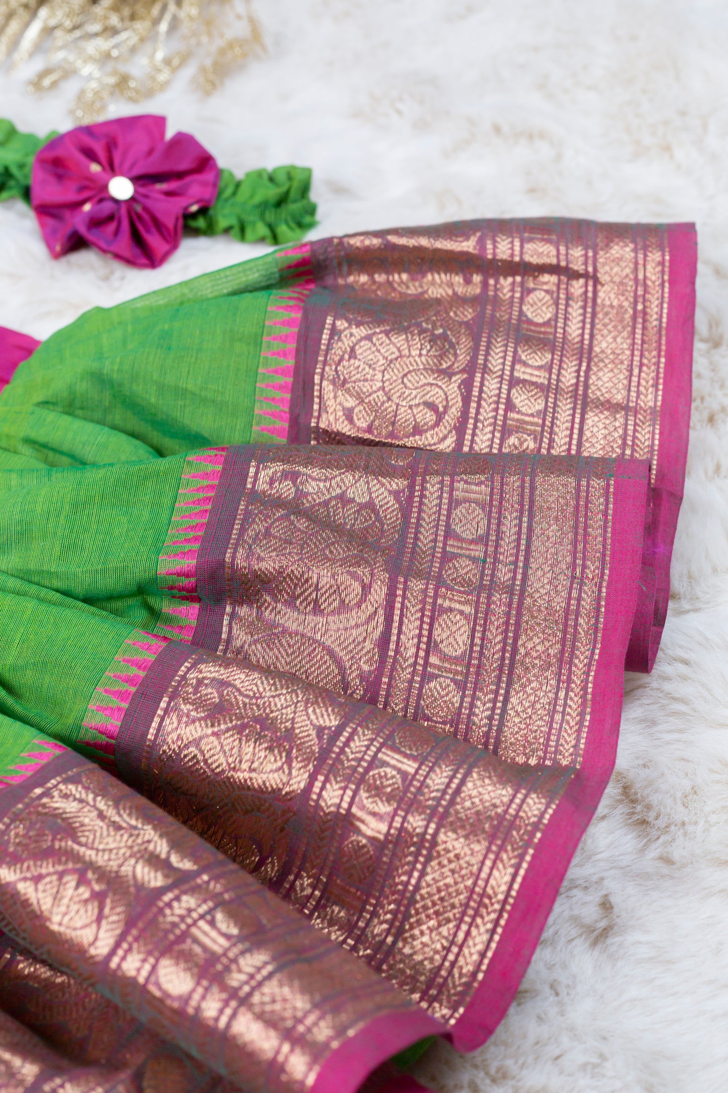 Magenta and traditional green (Vintage Collar) - Kanchi Cotton Silk South Indian Ethnic Frock for Baby Girl