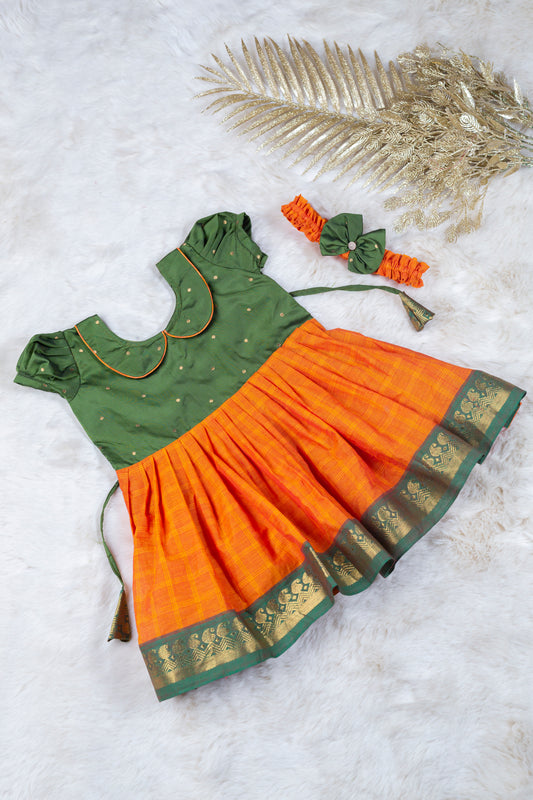 Leafy green with saffron checked (Vintage Collar) - Kanchi Cotton Silk South Indian Ethnic Frock for Baby Girl