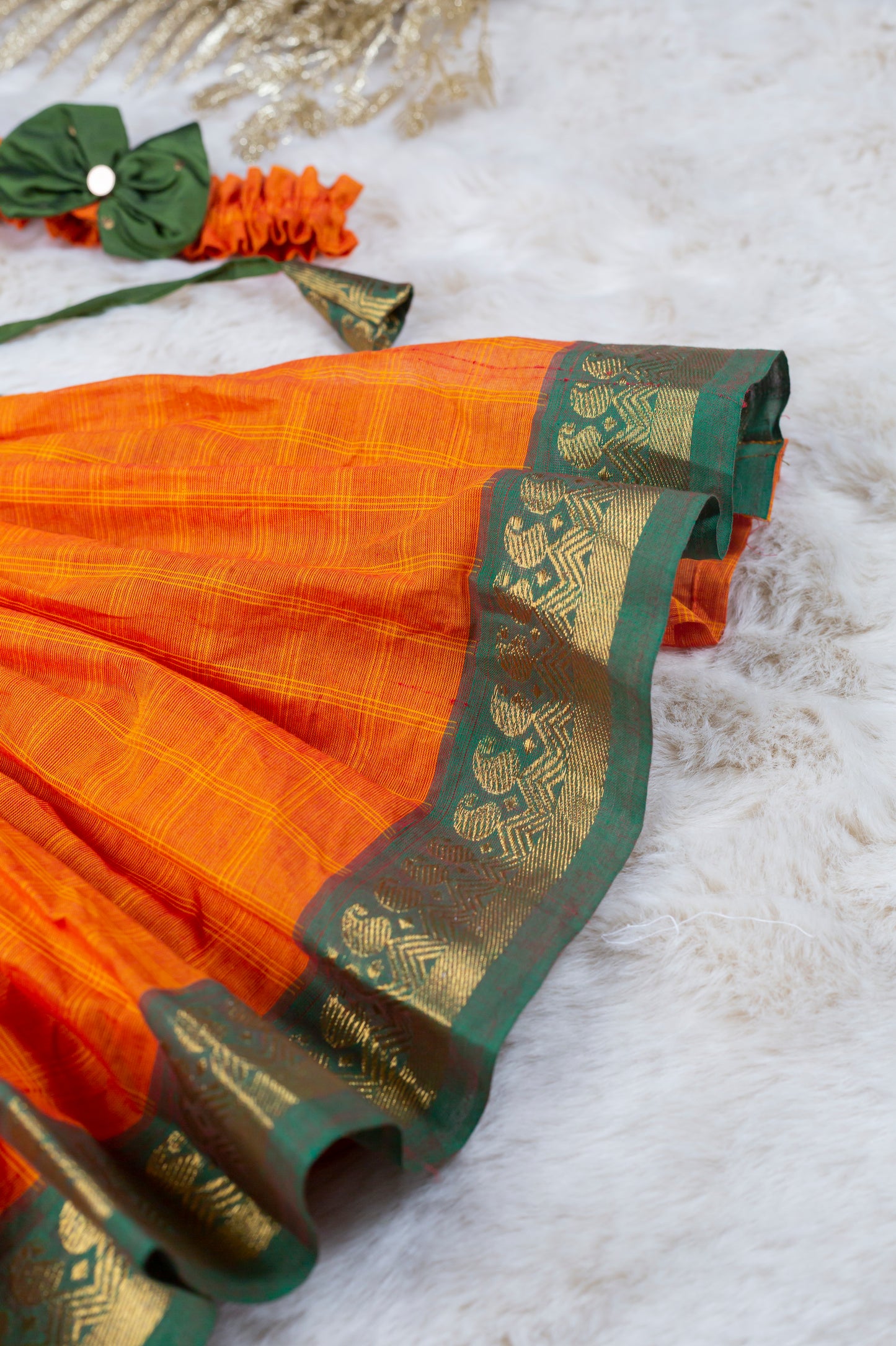 Leafy green with saffron checked (Vintage Collar) - Kanchi Cotton Silk South Indian Ethnic Frock for Baby Girl