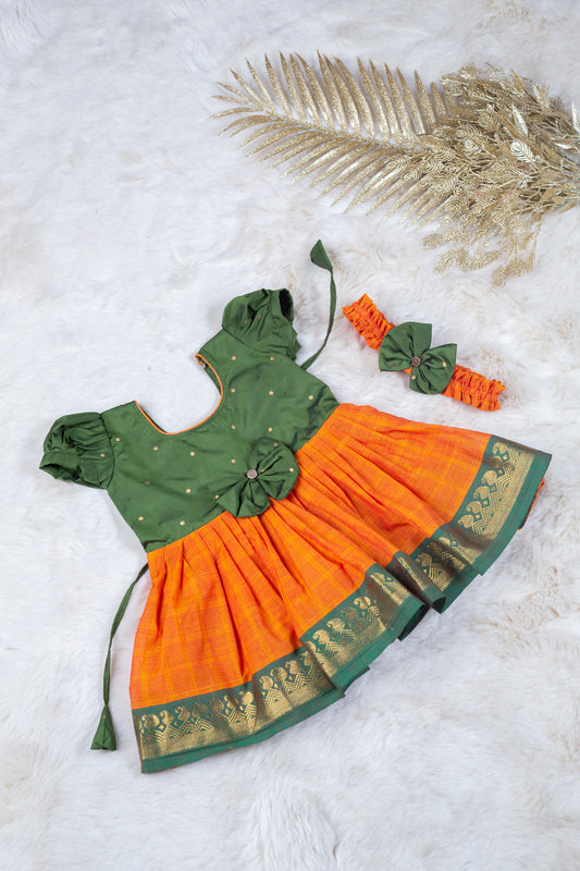 Leafy green with saffron checked (Vintage Bow) - Kanchi Cotton Silk South Indian Ethnic Frock for Baby Girl