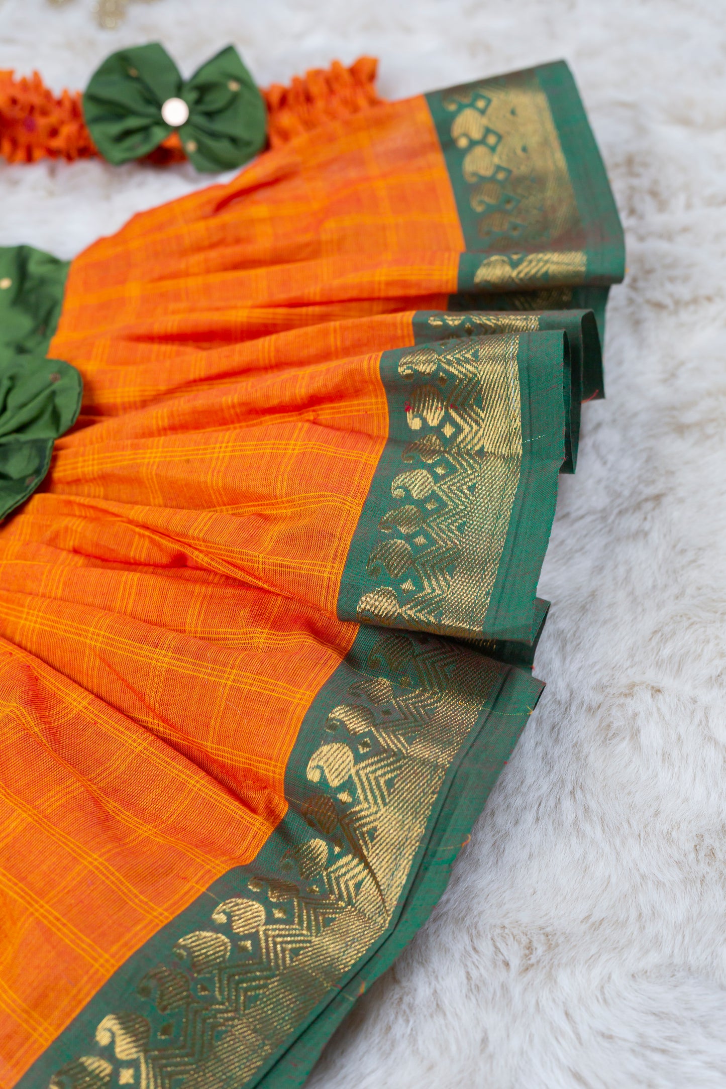 Leafy green with saffron checked (Vintage Bow) - Kanchi Cotton Silk South Indian Ethnic Frock for Baby Girl