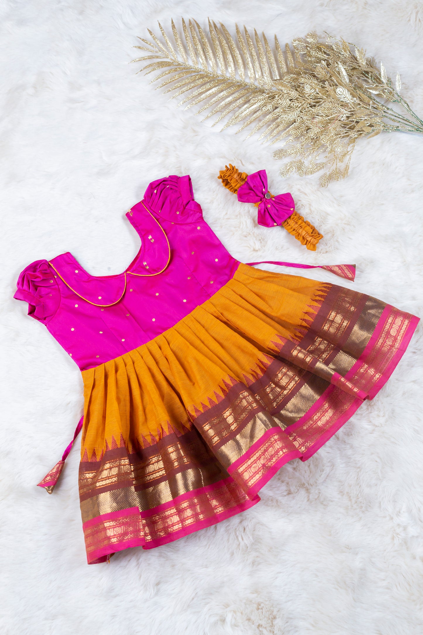 Pink with Saffron Multicolor Border (Vintage Collar) - Kanchi Cotton Silk South Indian Ethnic Frock for Baby Girl