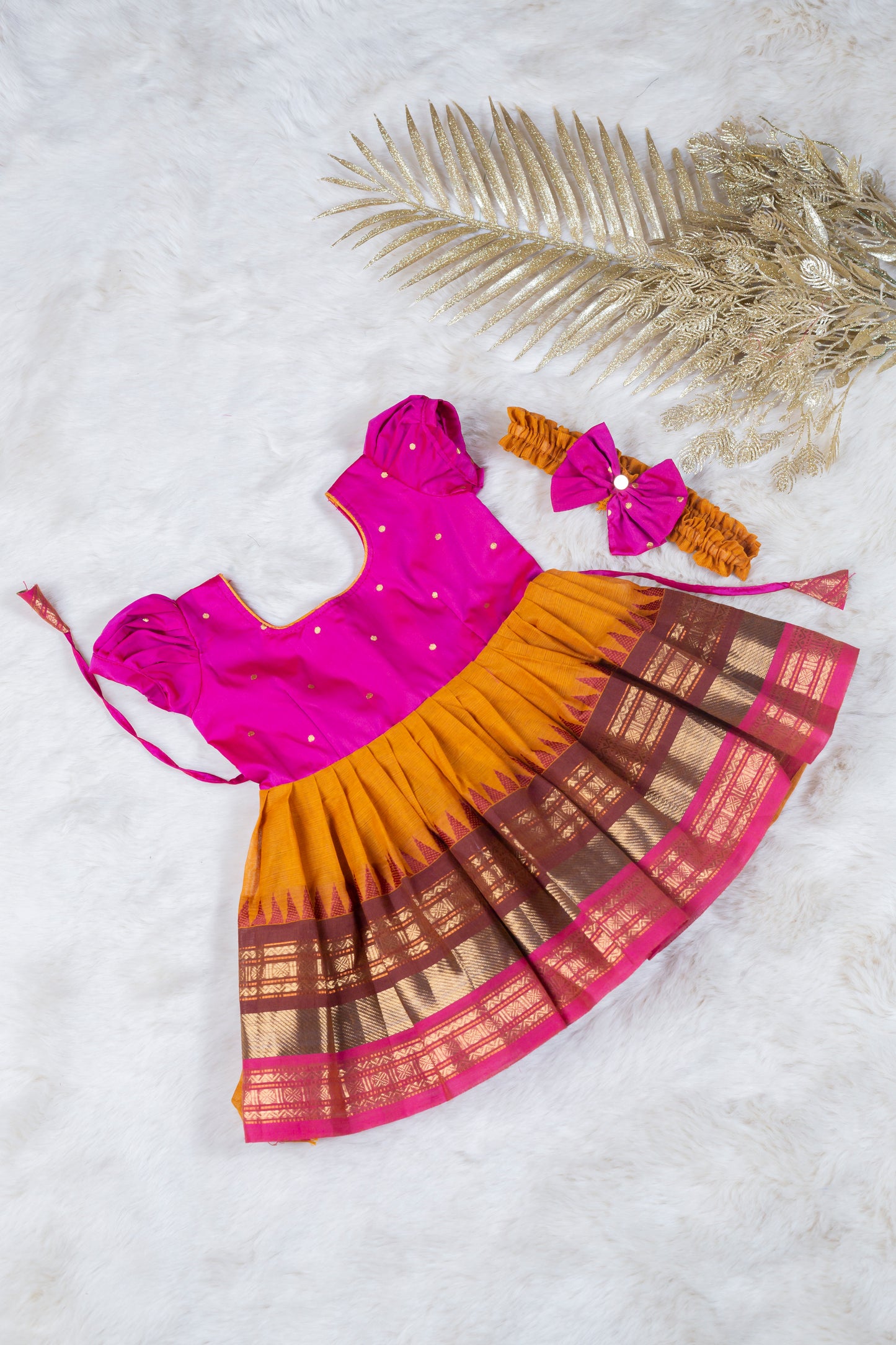 Pink with Saffron Multicolor Border  - Kanchi Cotton Silk South Indian Ethnic Frock for Baby Girl
