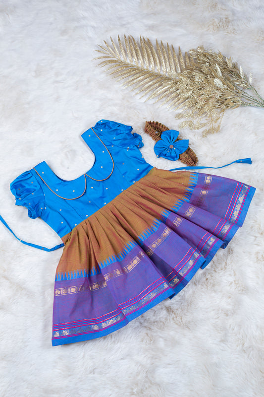 Blue with khadi yellow (Vintage Collar) - Kanchi Cotton Silk South Indian Ethnic Frock for Baby Girl