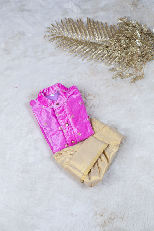 Velvet Baby Pink with gold Kurta Dhoti ethnic wear for baby boy