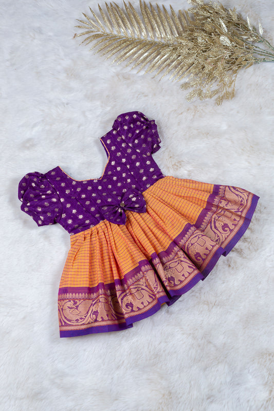 Purple with Mustard yellow (Vintage Bow) - Kanchi Cotton Silk South Indian Ethnic Frock for Baby Girl