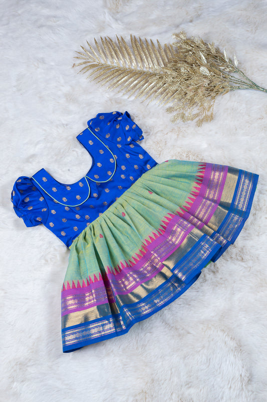 Blue and pastel green multibrand (Vintage Collar) - Kanchi Cotton Silk South Indian Ethnic Frock for Baby Girl