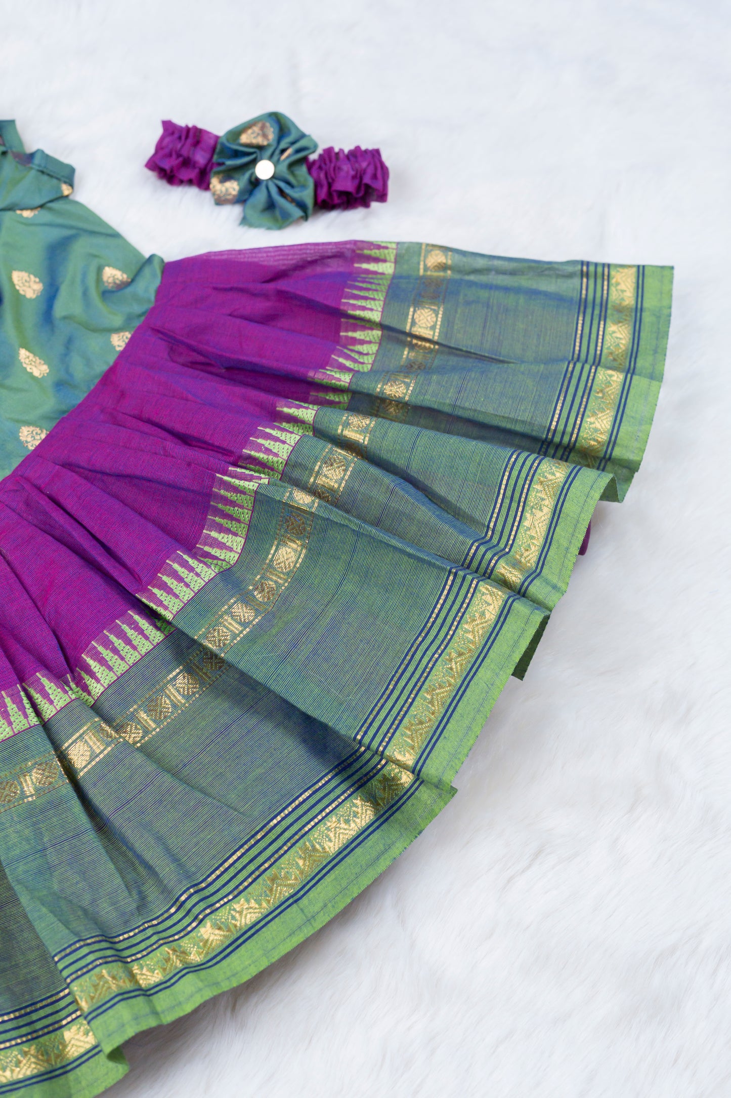 Dual green with wine (Vintage Collar) - Kanchi Cotton Silk South Indian Ethnic Frock for Baby Girl