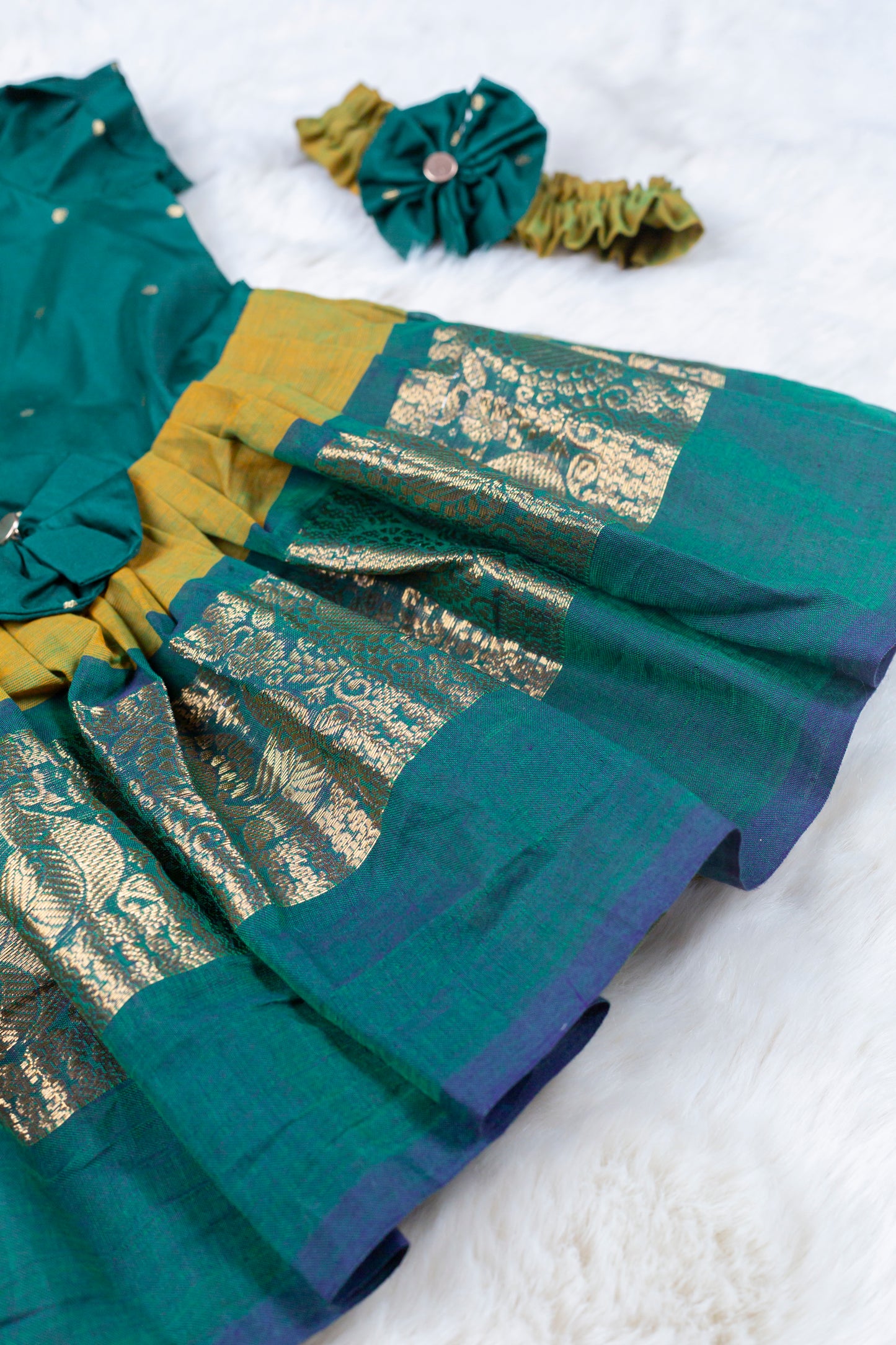 Pine green with dual yellow (Vintage Bow) - Kanchi Cotton Silk South Indian Ethnic Frock for Baby Girl
