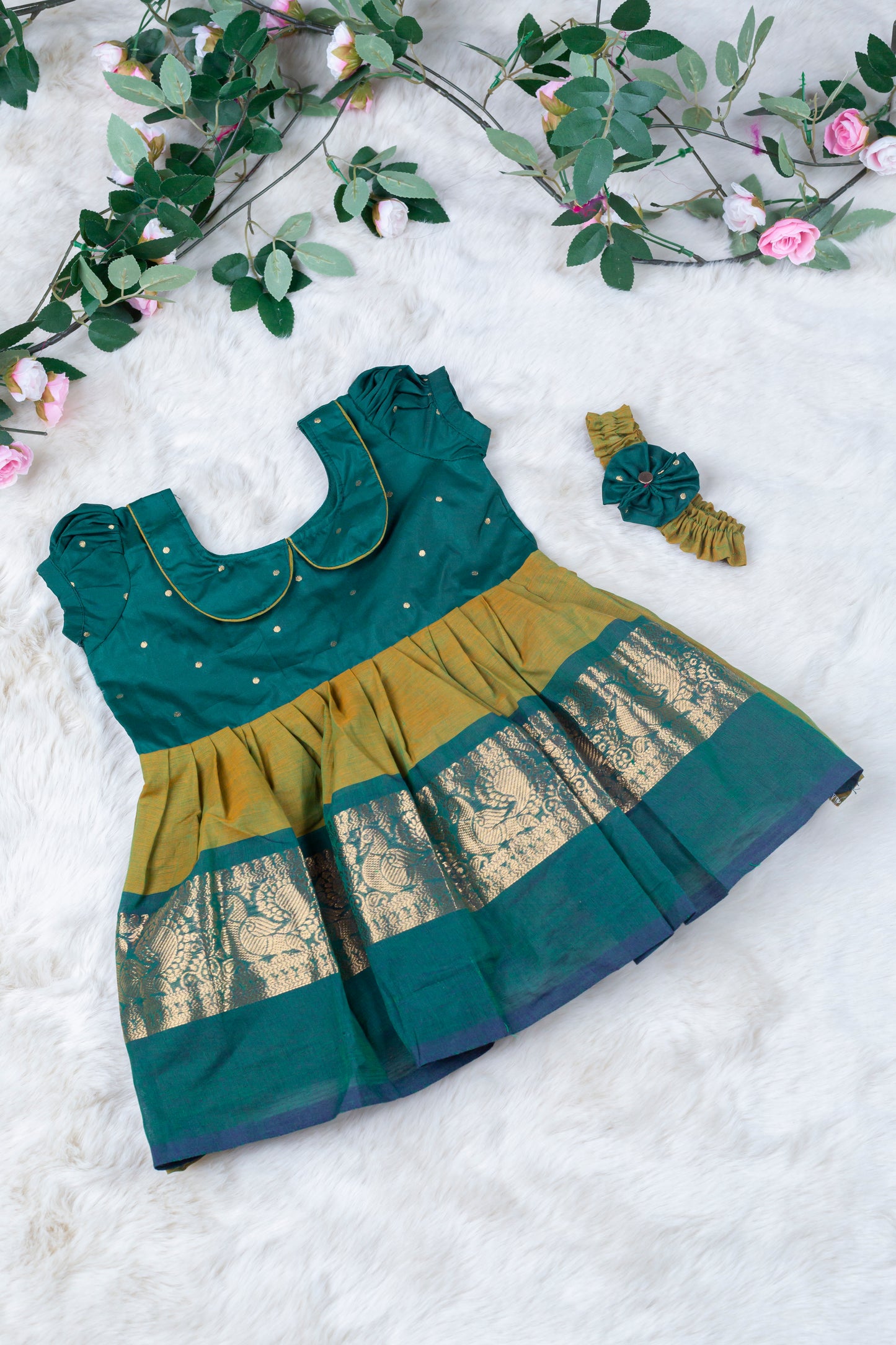 Pine green with dual yellow (Vintage Collar) - Kanchi Cotton Silk South Indian Ethnic Frock for Baby Girl