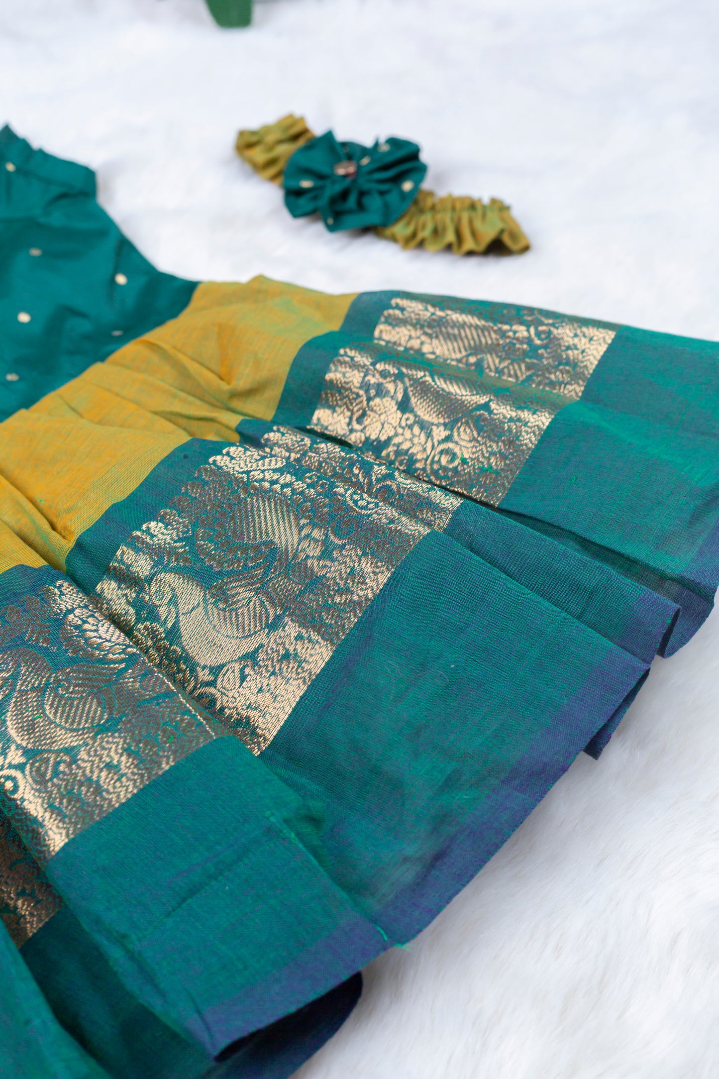 Pine green with dual yellow (Vintage Collar) - Kanchi Cotton Silk South Indian Ethnic Frock for Baby Girl