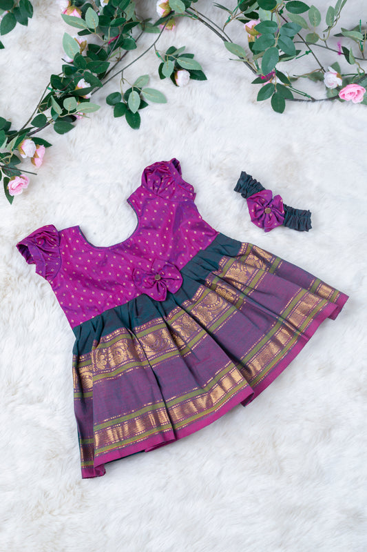 Magenta Pink with dark green (Vintage Bow) - Kanchi Cotton Silk South Indian Ethnic Frock for Baby Girl