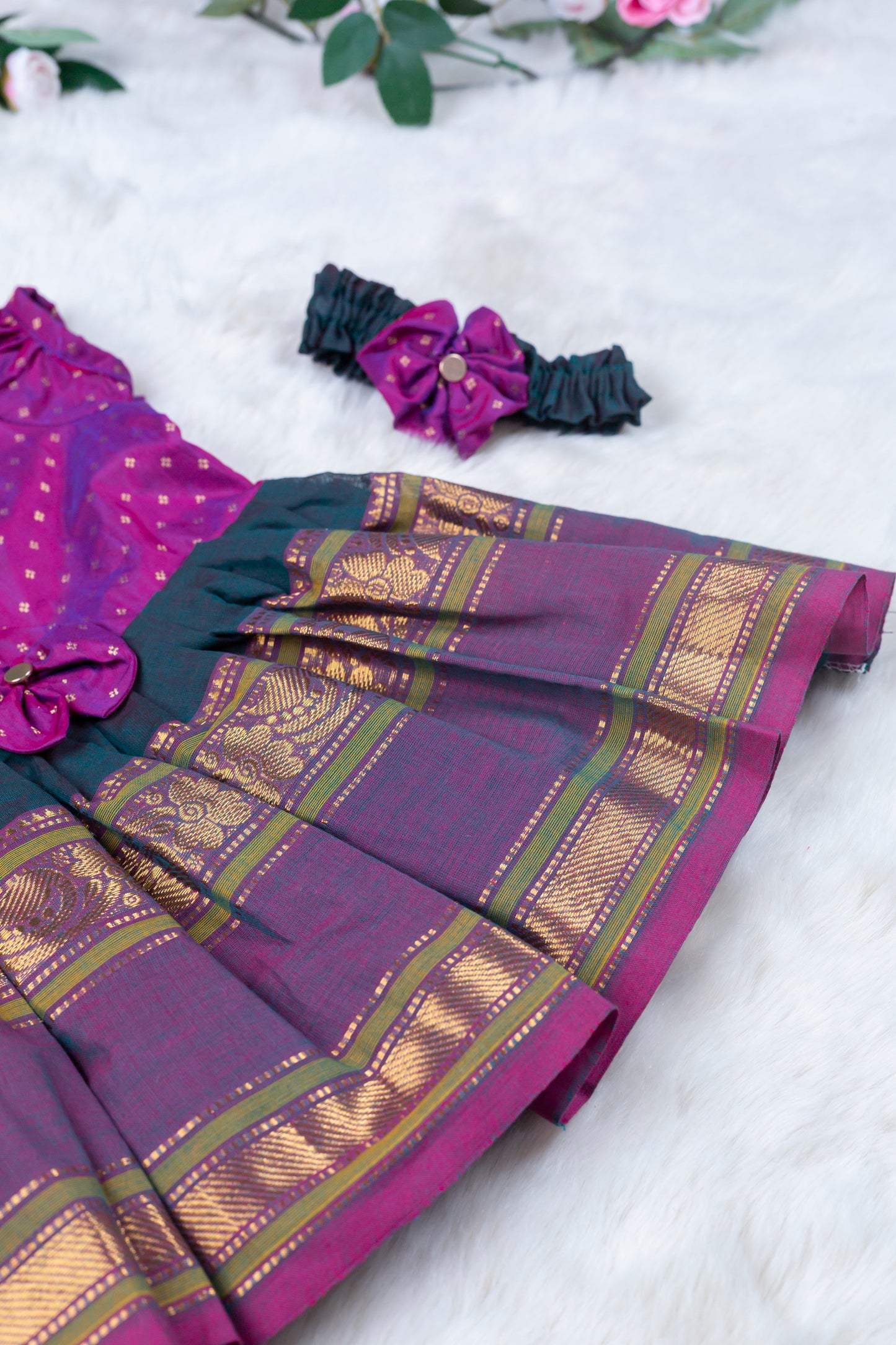 Magenta Pink with dark green (Vintage Bow) - Kanchi Cotton Silk South Indian Ethnic Frock for Baby Girl