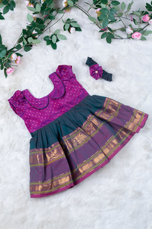 Magenta Pink with dark green (Vintage Collar) - Kanchi Cotton Silk South Indian Ethnic Frock for Baby Girl