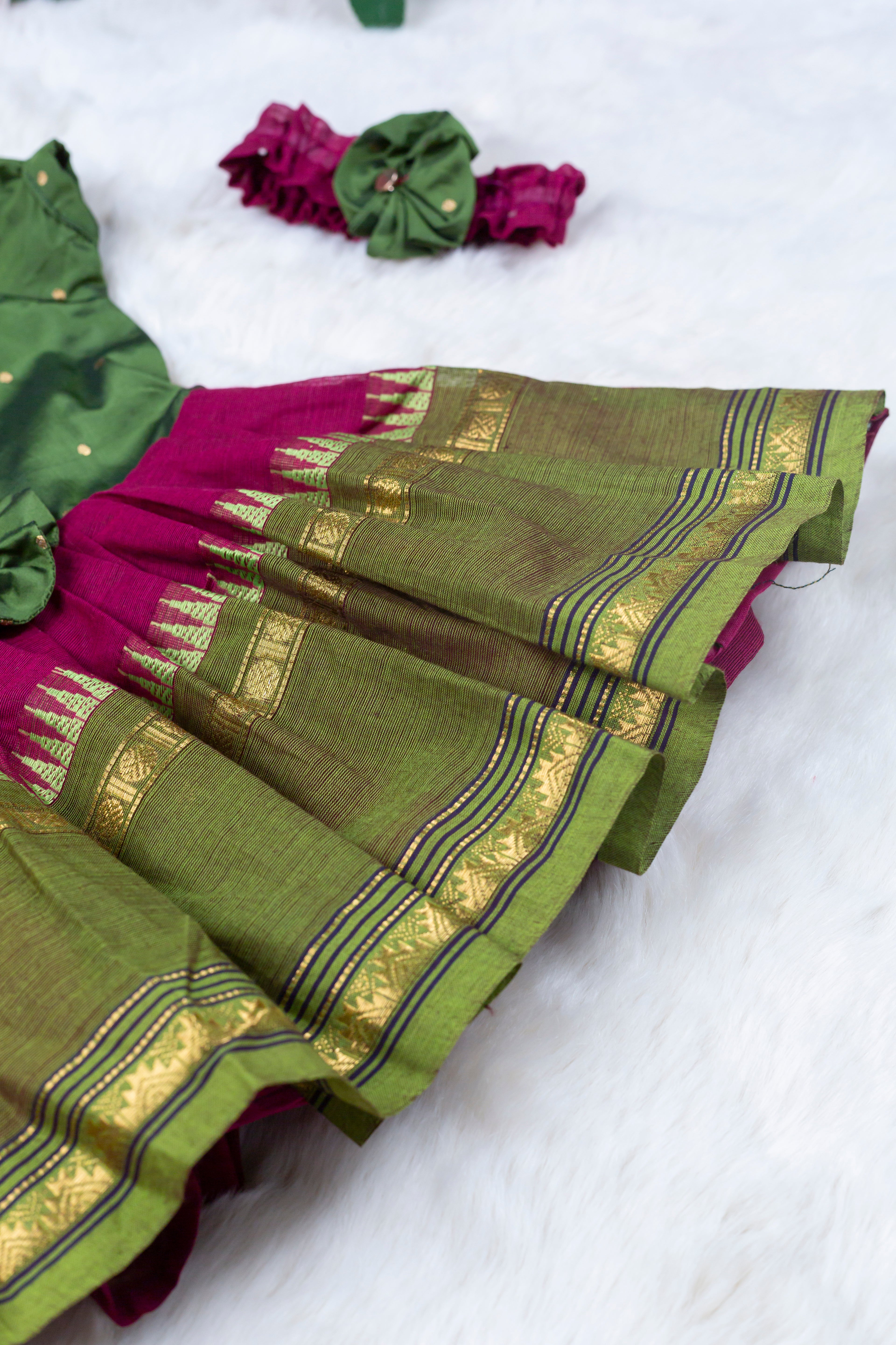 Mehendi Green with Wine (Vintage Bow) - Kanchi Cotton Silk South Indian Ethnic Frock for Baby Girl