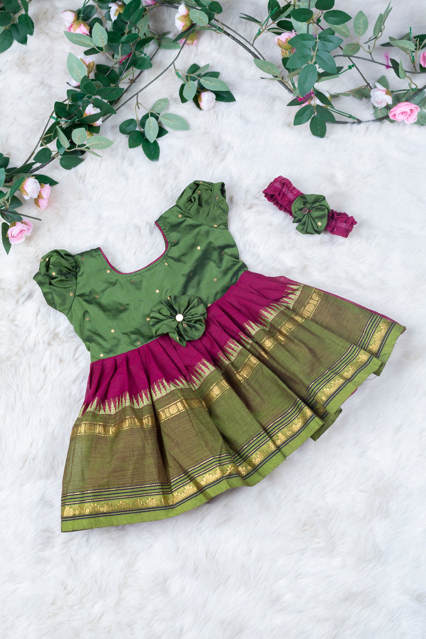 Mehendi Green with Wine (Vintage Bow) - Kanchi Cotton Silk South Indian Ethnic Frock for Baby Girl