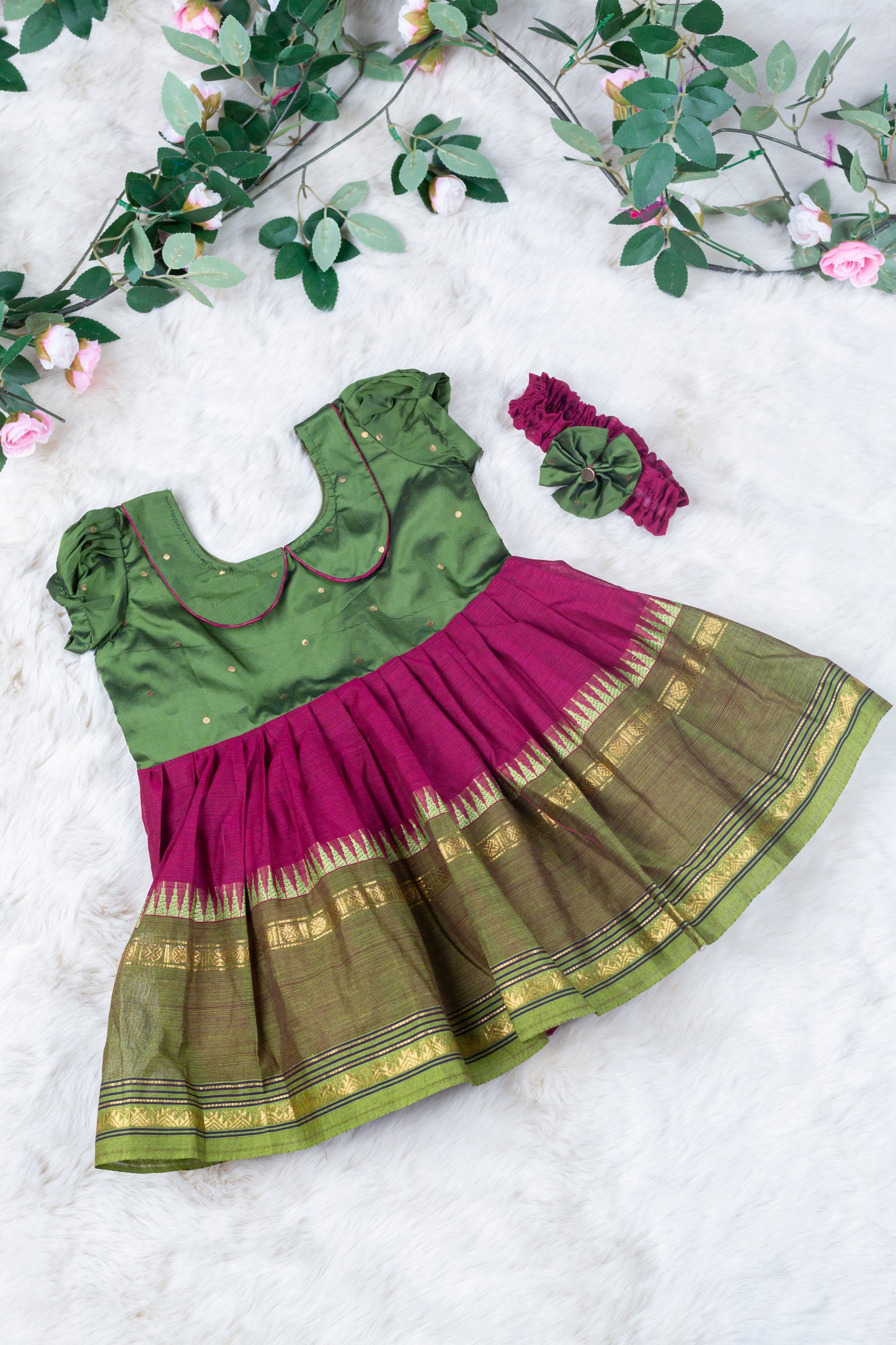 Mehendi Green with Wine (Vintage Collar) - Kanchi Cotton Silk South Indian Ethnic Frock for Baby Girl