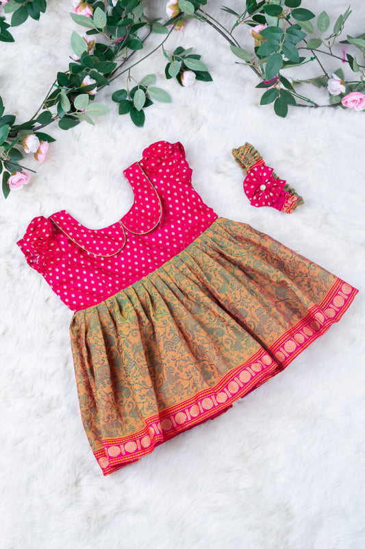 Peachish pink with mustard kalamkari design (Vintage Collar) - Kanchi Cotton Silk South Indian Ethnic Frock for Baby Girl