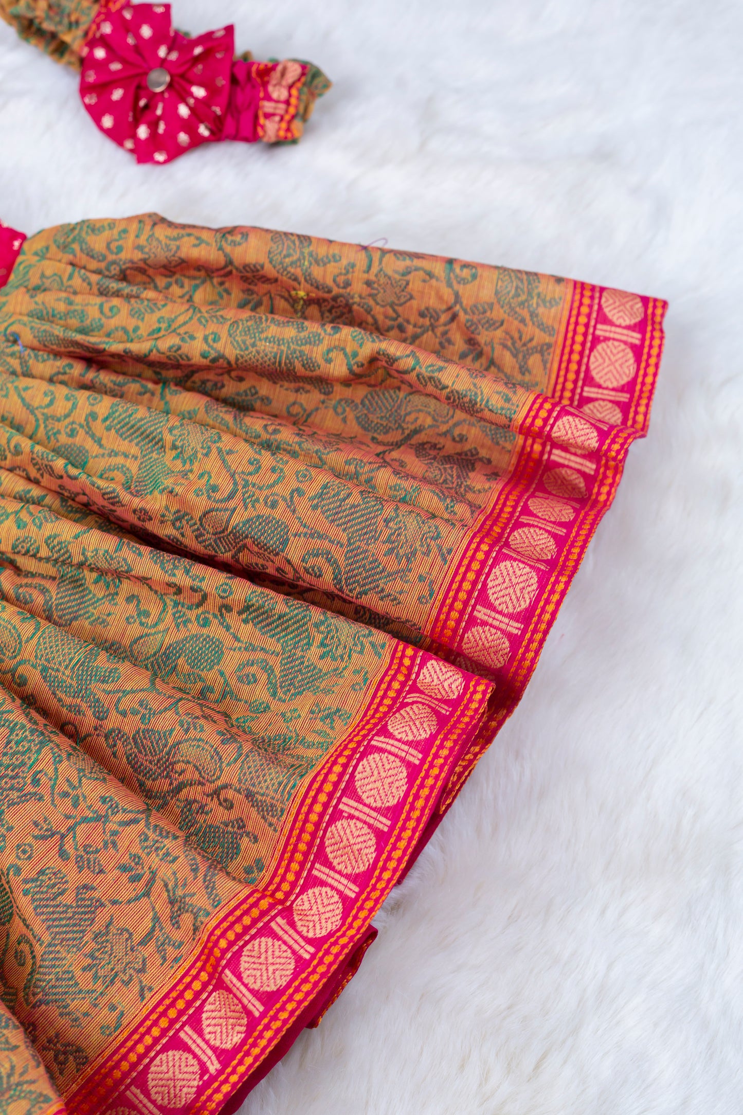 Peachish pink with mustard kalamkari design (Vintage Collar) - Kanchi Cotton Silk South Indian Ethnic Frock for Baby Girl