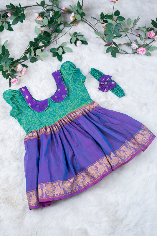 Jungle Green with purple (Vintage Collar) - Kanchi Cotton Silk South Indian Ethnic Frock for Baby Girl