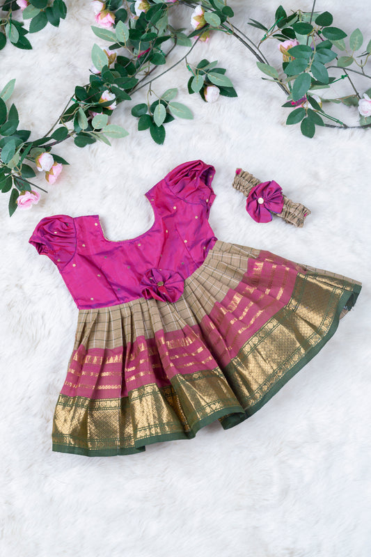 Barbie Pink with mushroon grey (Vintage Bow) - Kanchi Cotton Silk South Indian Ethnic Frock for Baby Girl