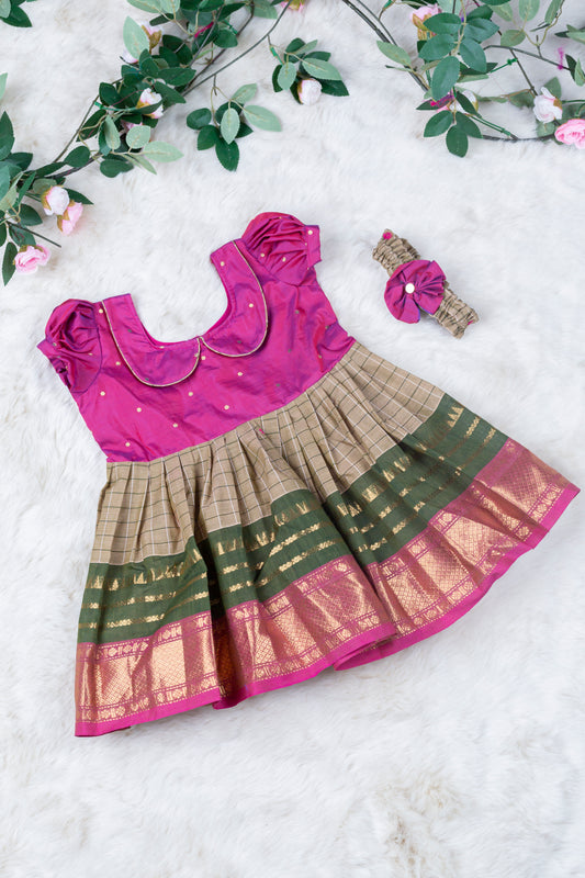 Barbie Pink with mushroon grey (Vintage Collar) - Kanchi Cotton Silk South Indian Ethnic Frock for Baby Girl (Copy)