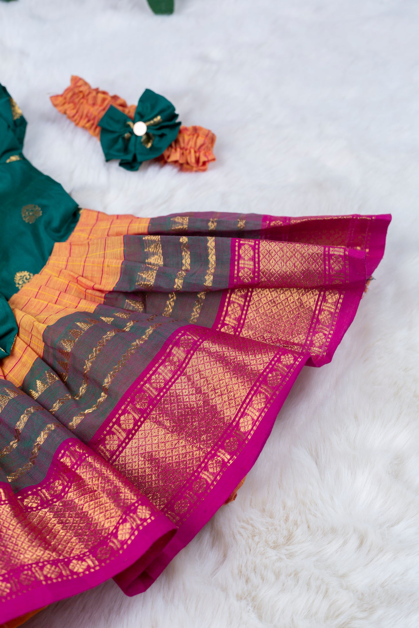 Bottle green, yellow and pink (Vintage Bow) - Kanchi Cotton Silk South Indian Ethnic Frock for Baby Girl