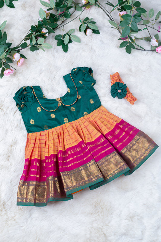 Bottle green, yellow and pink (Vintage Collar) - Kanchi Cotton Silk South Indian Ethnic Frock for Baby Girl