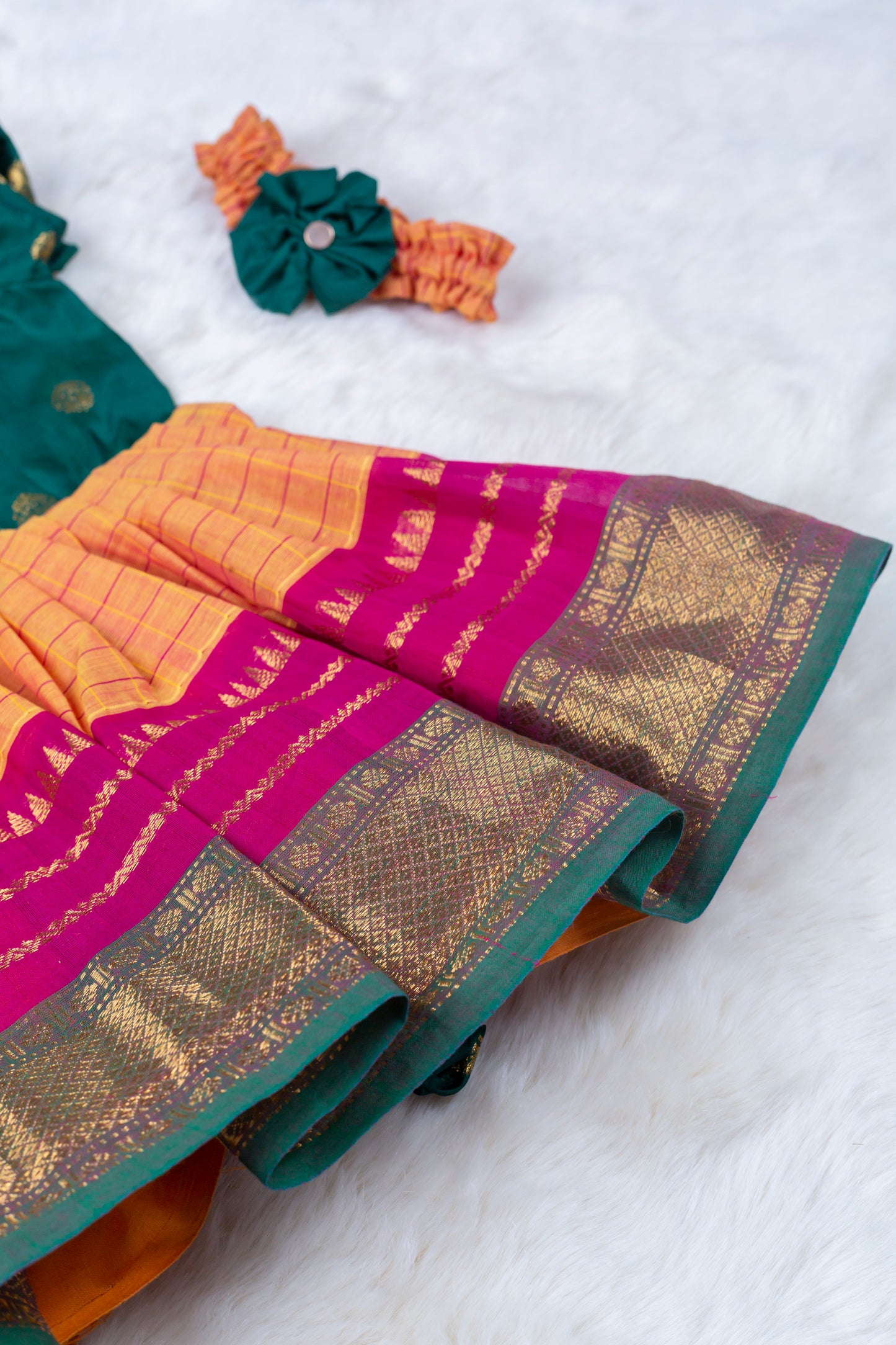 Bottle green, yellow and pink (Vintage Collar) - Kanchi Cotton Silk South Indian Ethnic Frock for Baby Girl