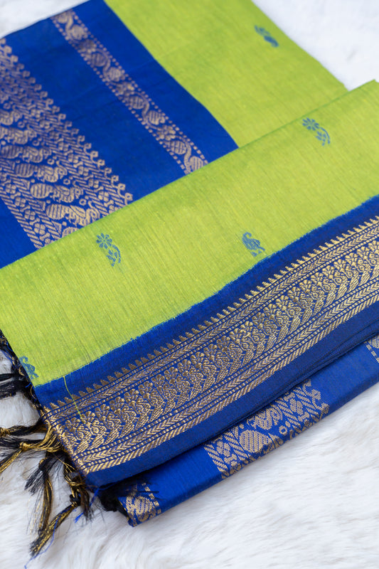 Green and blue - Premium Cotton Silk Saree with Contrast Blouse