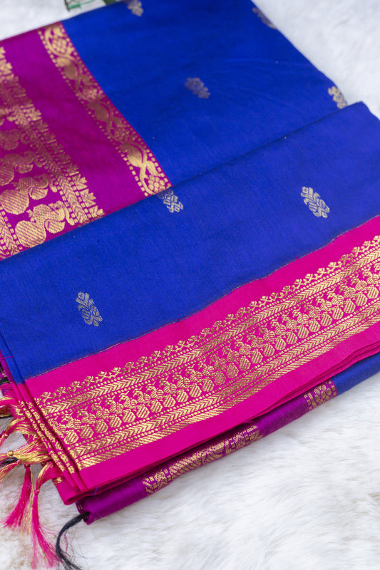 Royal Blue and Magenta - Premium Cotton Silk Saree with Contrast Blouse