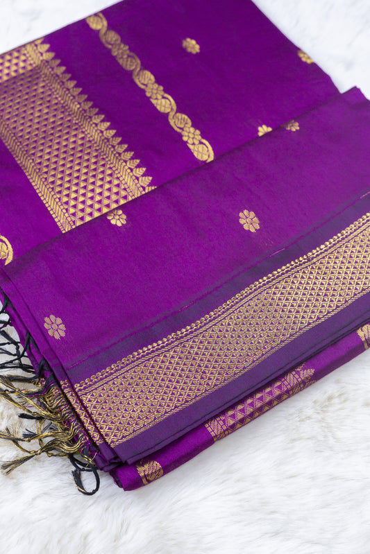 Wine with gold zari border -  Premium Cotton Silk Saree with Contrast Blouse