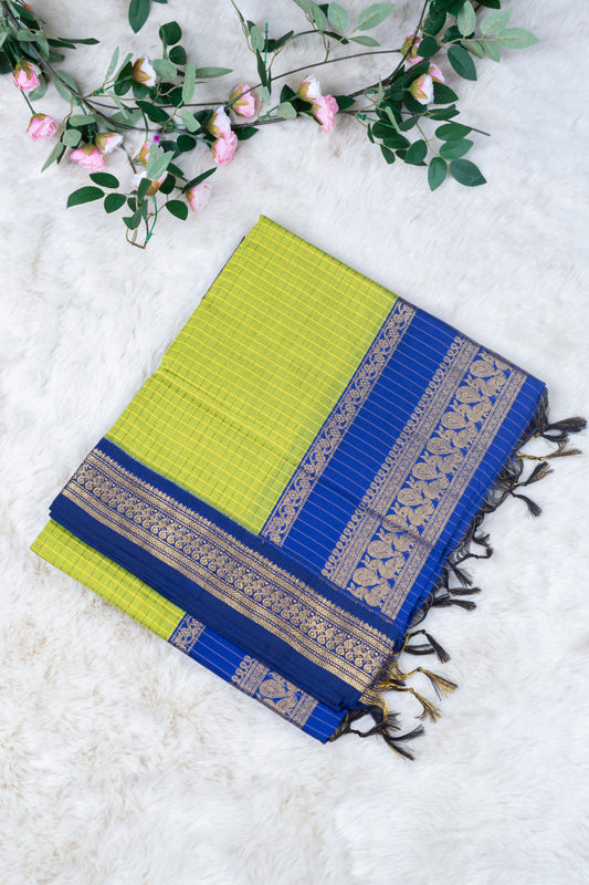 Green and blue - Premium Checked Cotton Silk Saree with Contrast Blouse
