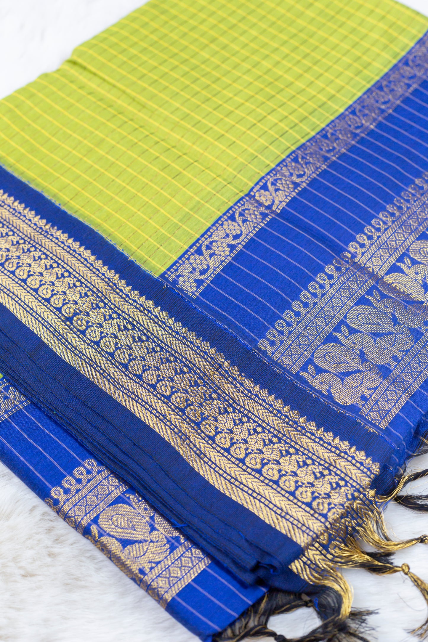 Green and blue - Premium Checked Cotton Silk Saree with Contrast Blouse