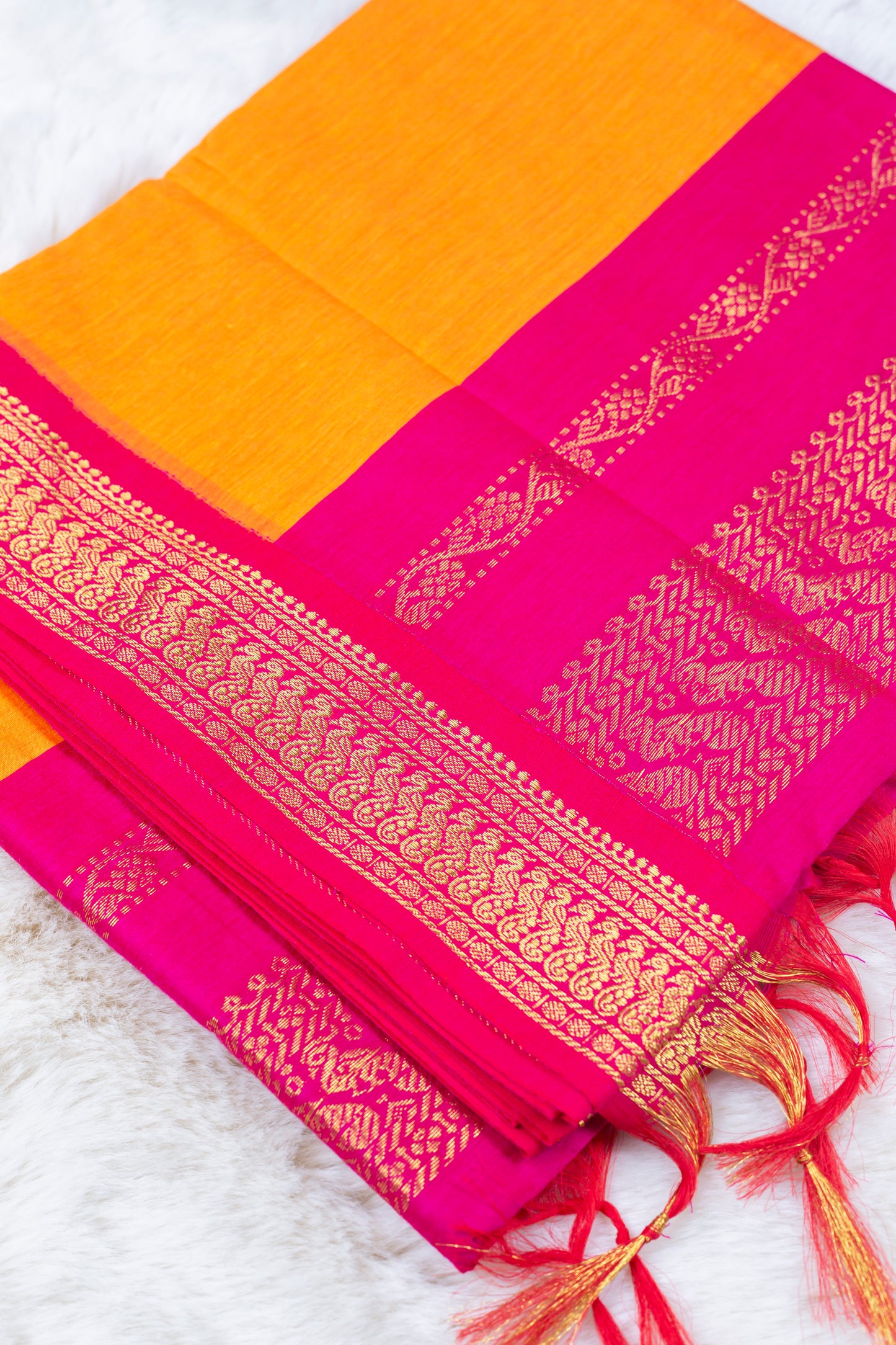 Orange and Magenta - Premium Cotton Silk Saree with Contrast Blouse