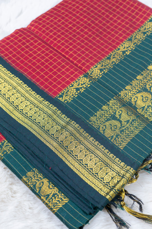 Maroon and Green - Premium Checked Cotton Silk Saree with Contrast Blouse