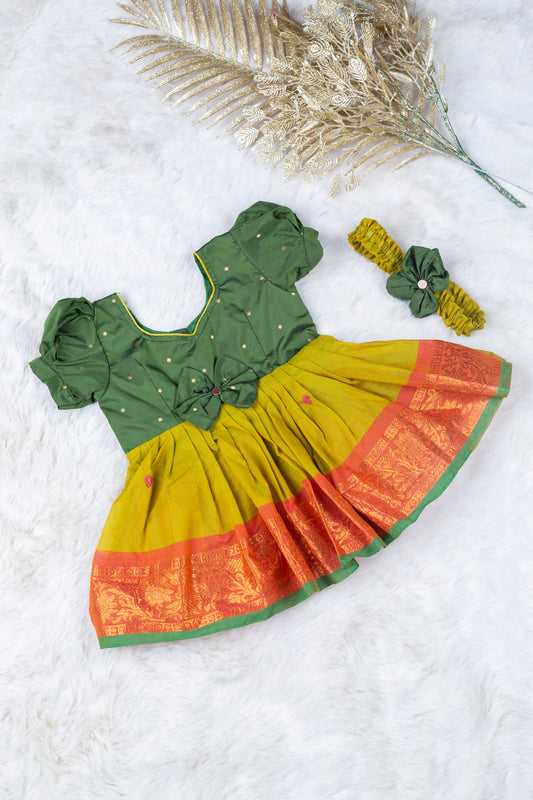 Mehendi Green with Mustard Yellow (Vintage Bow) - Kanchi Cotton Silk South Indian Ethnic Frock for Baby Girl