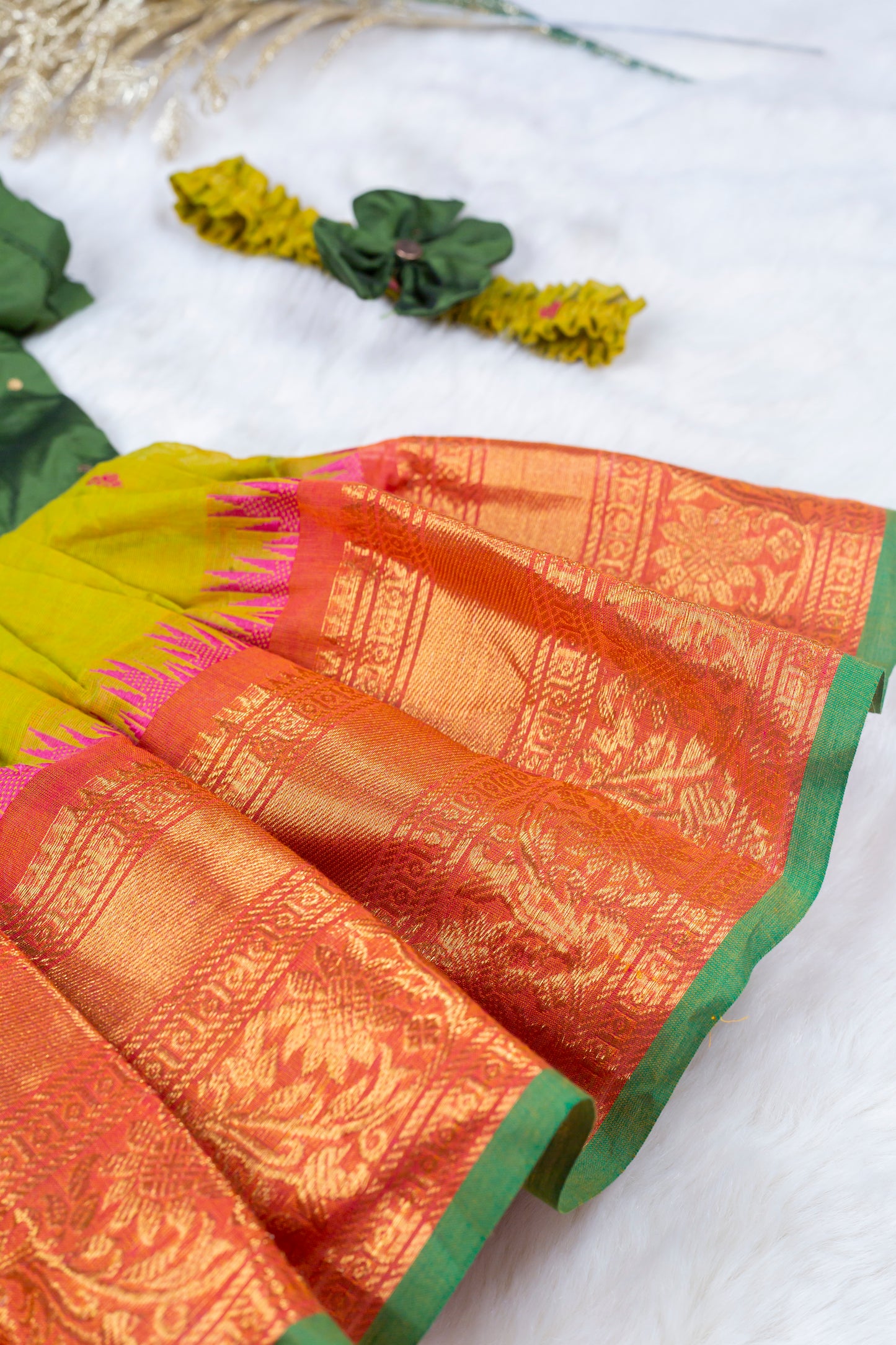 Mehendi Green with Mustard Yellow (Vintage Collar) - Kanchi Cotton Silk South Indian Ethnic Frock for Baby Girl