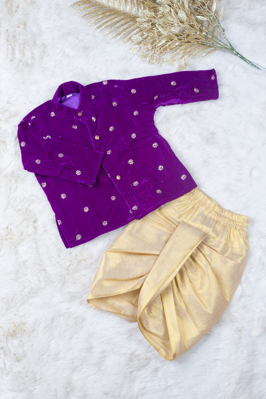 Velvet purple with gold Kurta Dhoti ethnic wear for baby boy