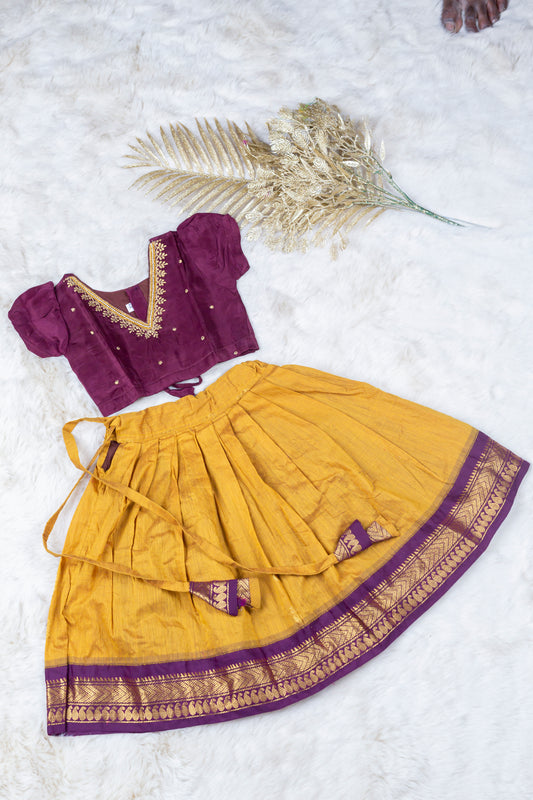 V neck embroidered Wine and turmeric yellow langa blouse ethnic wear for baby girl