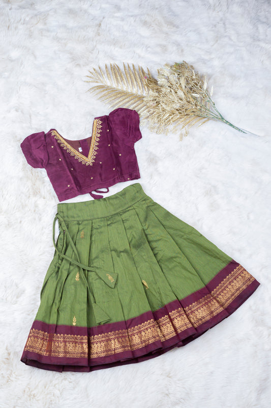 V neck embroidered Wine and mehendi green langa blouse ethnic wear for baby girl